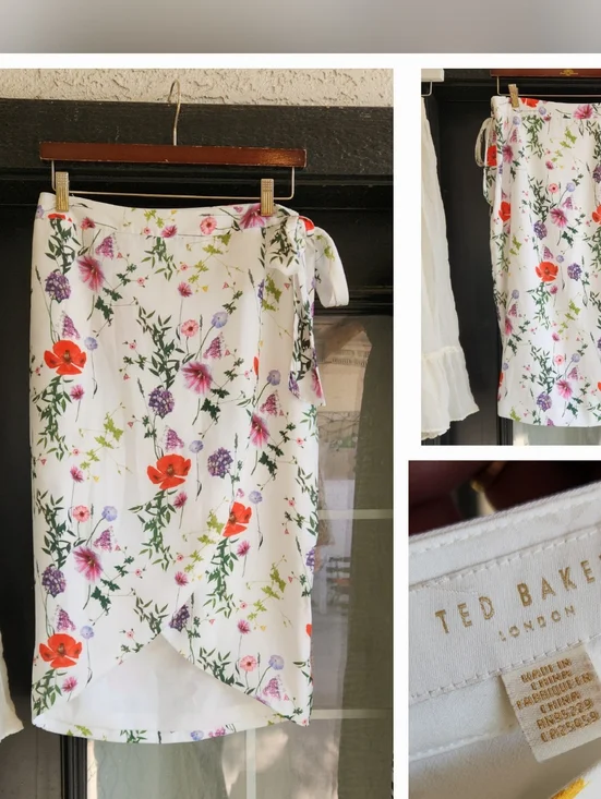 Ted Baker White Floral Wrap Skirt with Red & Purple Blooms - Picture 1 of 2